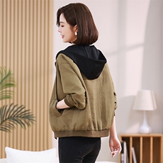 连帽棒球服女秋冬装新款韩版宽松显瘦休闲百搭大码假两件卫衣，女装短外套，梦芯尔