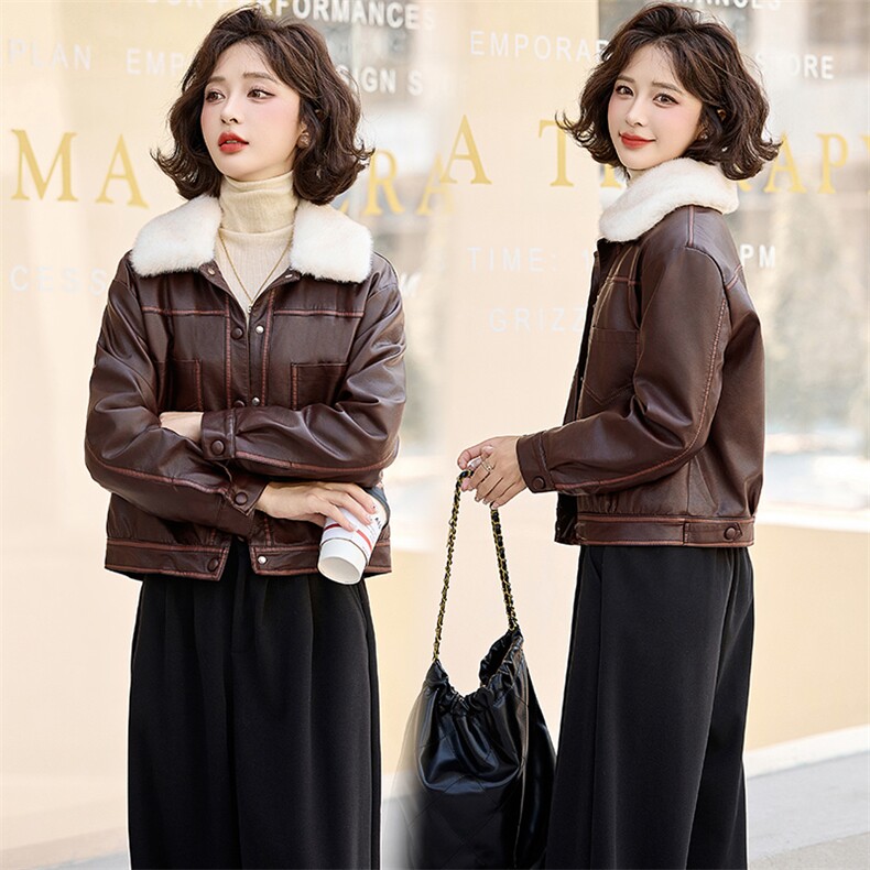 【现货主推】2024冬季新款休闲高级感加绒可拆卸毛领皮衣外套，女装皮衣，魅丽静蓝