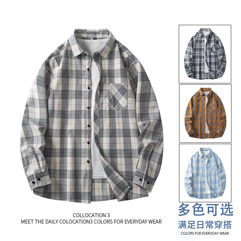 （跨境电商）四季款格子衬衫潮流宽松格纹衬衣,男装衬衫,星座1107-1