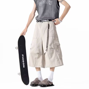 美式大口袋工装七分裤男女夏季潮牌宽松褶皱阔腿短裤子K6277-P40图片