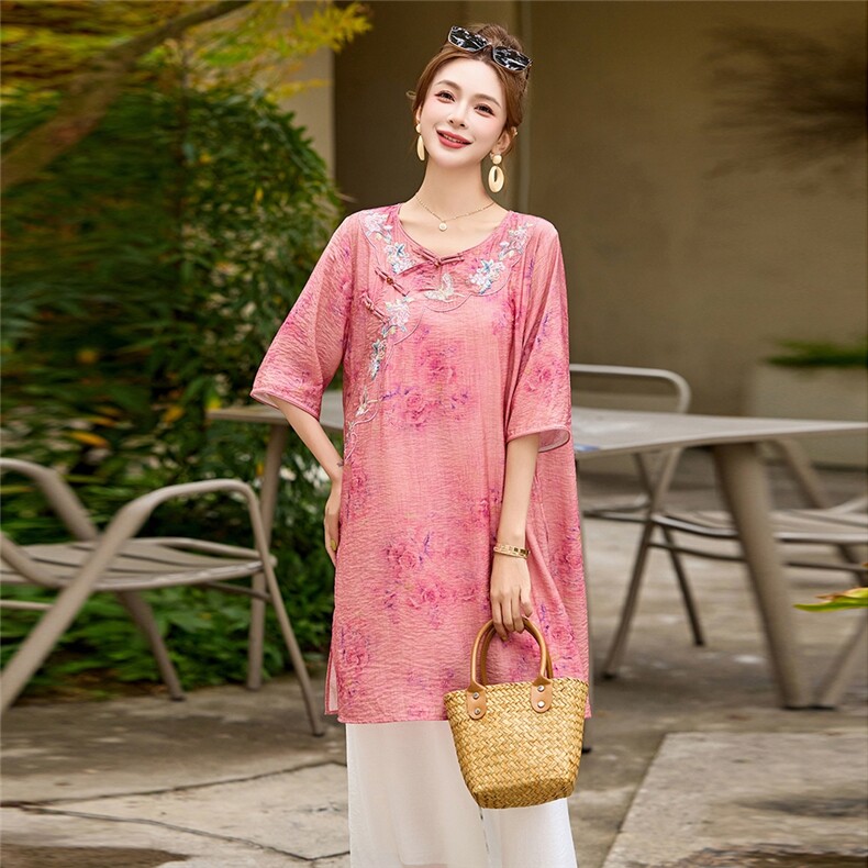 现货！夏季新款2025印花盘扣套装女时尚休闲气质宽松两件套套裤图片