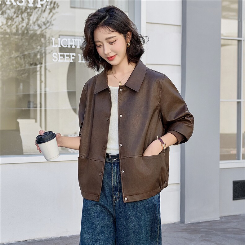 复古咖色翻领皮衣短外套女2025秋季新款宽松休闲洋气百搭夹克上衣,女装皮衣,依万里