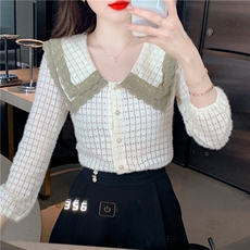 娃娃领蕾丝衫气质衬衫重工洋气打底衫长袖上衣，女装蕾丝衫/雪纺衫，美吧服饰