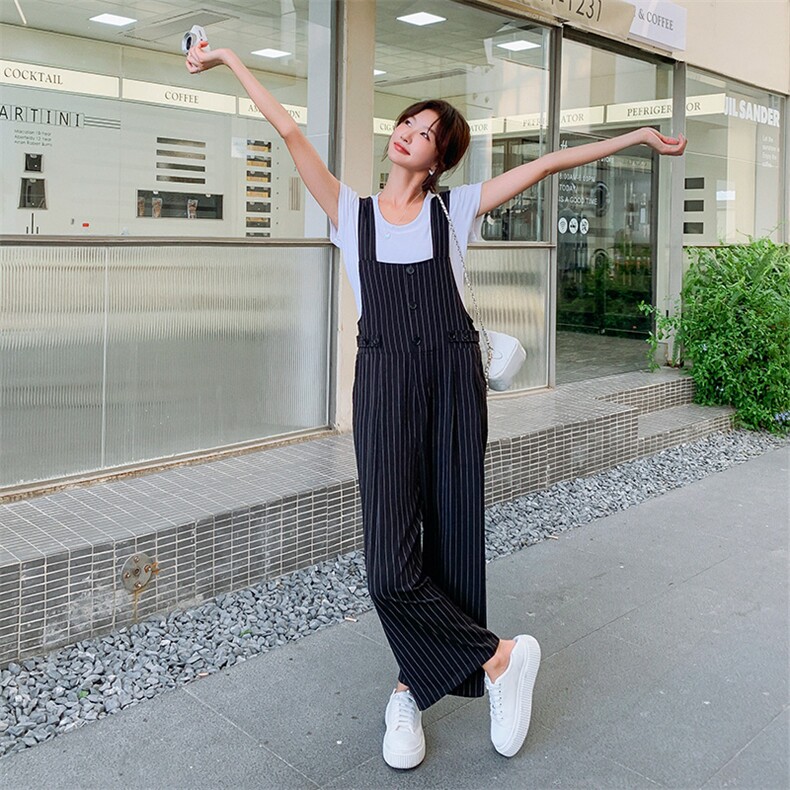 2025夏季新款韩版宽松显瘦条纹背带裤女休闲百搭阔腿连体裤两件套,女装套装/套裙,2C169