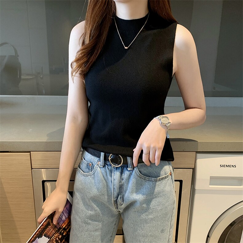 春夏半高领打底衫毛衣无袖针织上衣加厚内搭小吊带外穿背心,女装背心吊带,美吧服饰