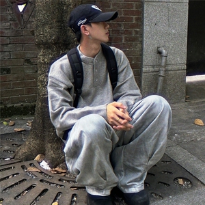 黑色美式亨利领长袖t恤男款秋冬季华夫格卫衣内搭打底衫图片