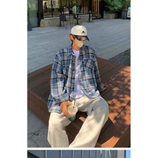 蓝色美式格纹衬衫男格子长袖衬衣高级感cleanfit外套C308-P40，男装衬衫，星座1001-1