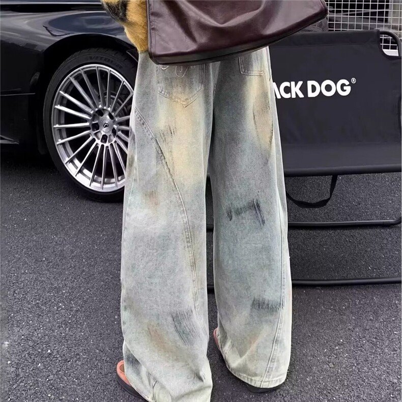 美式脏染水洗做旧直筒牛仔裤男女微喇复古宽松阔腿长裤拖地NZ864,男装牛仔裤,星座208-5