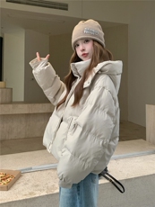 现货新款韩版宽松立领撞色格子袖口羽绒服短款外套百搭洋气，女装羽绒服，网红馆
