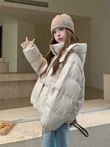现货新款韩版宽松立领撞色格子袖口羽绒服短款外套百搭洋气图片