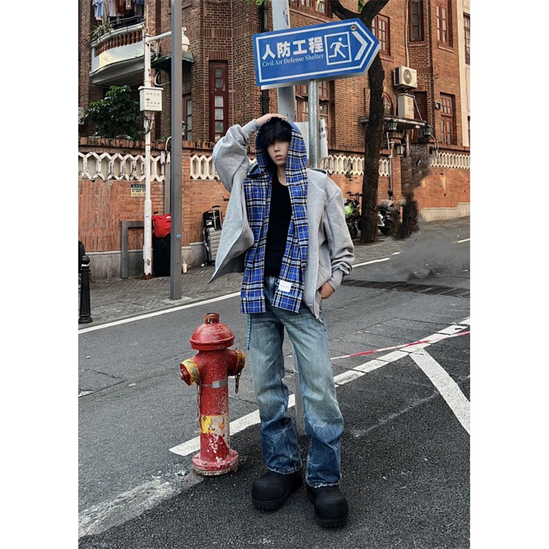 【有货】假两件格子拼接卫衣男款设计感连帽开衫外套JL97LL-特P68,男装卫衣,星座1007（原301D）