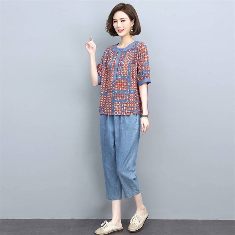 女士棉麻套装2025夏季新款中妈妈时尚休闲夏装显瘦亚麻t恤两件套,女装套装/套裙,依恋蒂丝