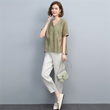 2024夏季新款简约时尚气质V领宽松休闲舒适两件套,女装套装/套裙,丽影随形