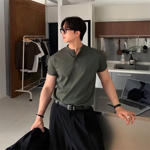 日系潮流百搭休闲纽扣短袖T恤韩版修身舒适简约半袖打底亨利衫男图片