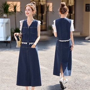 轻熟牛仔时尚套装女2025夏季新款韩系穿搭洋气马甲半身裙三件套,半身牛仔半身裙搭配图片