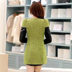 时尚拼接皮袖毛呢外套女秋冬季新款显瘦气质长款大衣，女装毛呢外套，尚娜萱