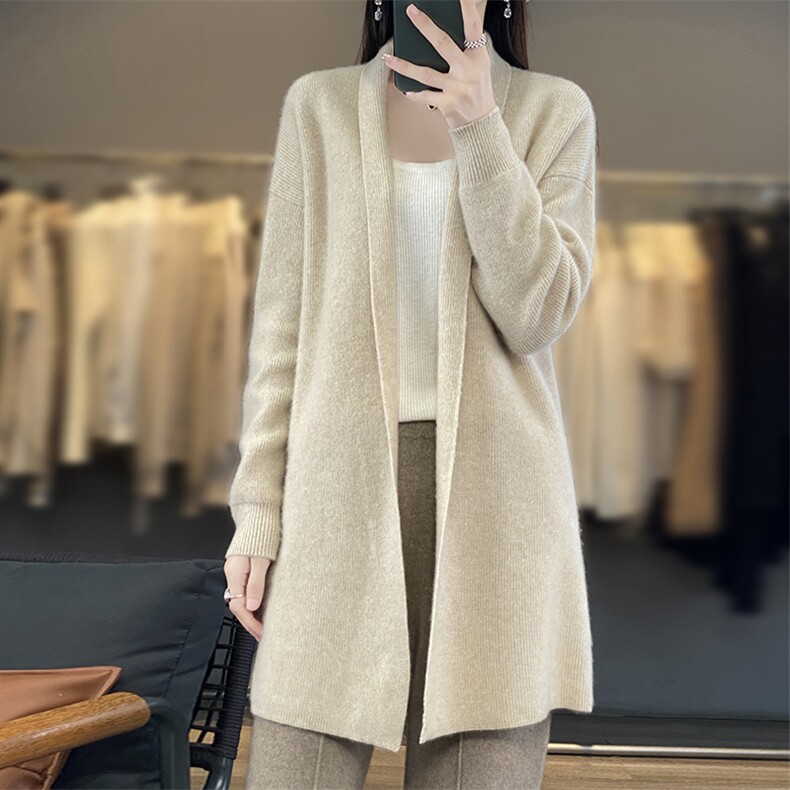 V领中长款100%羊毛开衫大衣女25秋冬宽松慵懒羊绒衫针织毛衣外套图片