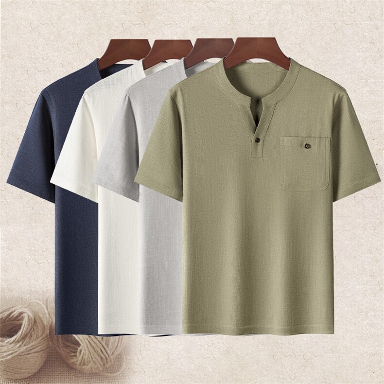 主推高端中老年风亚麻短袖t恤男大码唐装中年棉麻T恤上衣，男装T恤，钱塘723