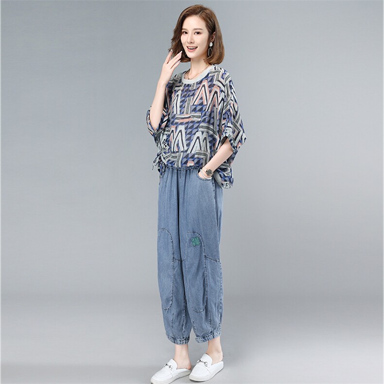 薄款天丝牛仔套装女2025夏季新款大码遮肉显瘦中年妈妈休闲两件套,女装套装/套裙,叶笙衣
