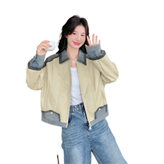 牛仔拼接PU皮外套女秋2025新款时尚高级感气质翻领夹克复古设计感，女装皮衣，2C269