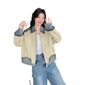 牛仔拼接PU皮外套女秋2025新款时尚高级感气质翻领夹克复古设计感图片
