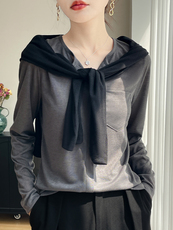 2025秋冬百搭时尚简约V领口袋打底衫加厚，女装针织衫/毛衣，羊特美羊绒