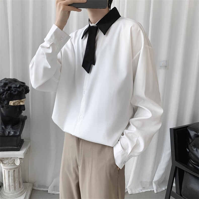 ins风韩版衬衣秋日系复古纯色翻领小领带长袖衬衫男女W1609-P35,男装衬衫,星座512-4
