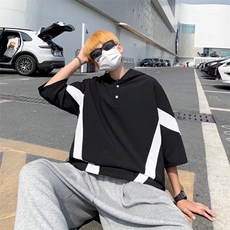 拼色连帽短袖T恤男日系潮牌宽松简约百搭五分袖上衣T1411-P33，男装T恤，星座512-2