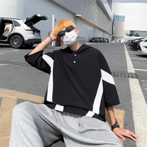 拼色连帽短袖T恤男日系潮牌宽松简约百搭五分袖上衣 T1411-P33图片