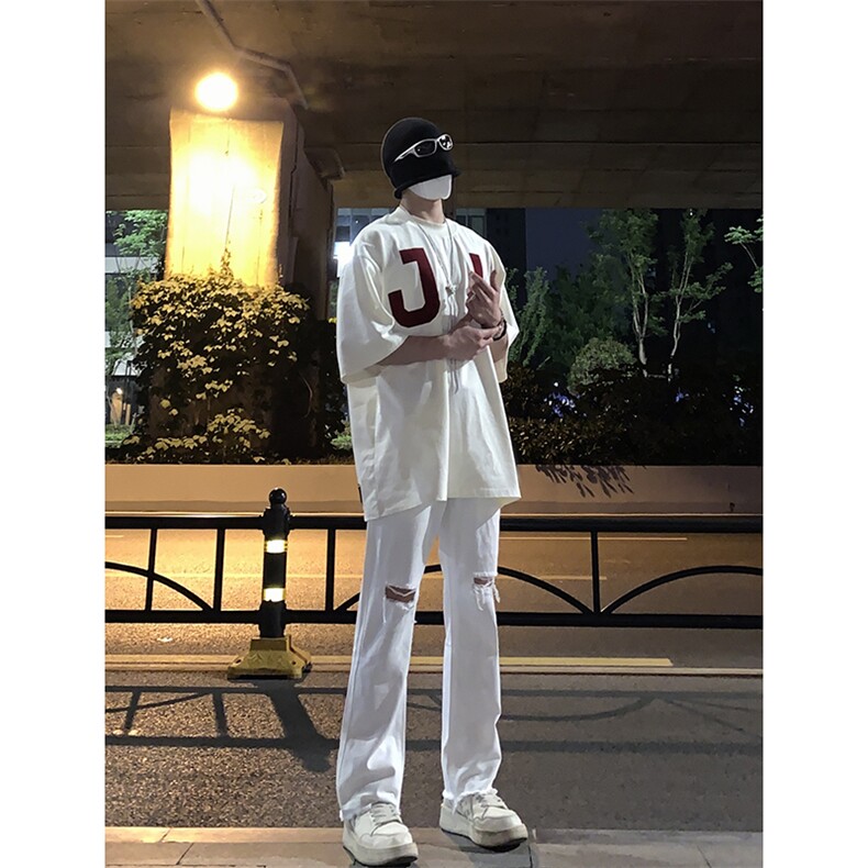 B221 美式ins高街简约小众设计毛边破洞牛仔裤 LK23067-P60 控78图片