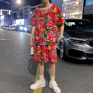 TZ203夏季新款男士T恤短裤套装东北大花大码红色蓝色青年运动套装图片