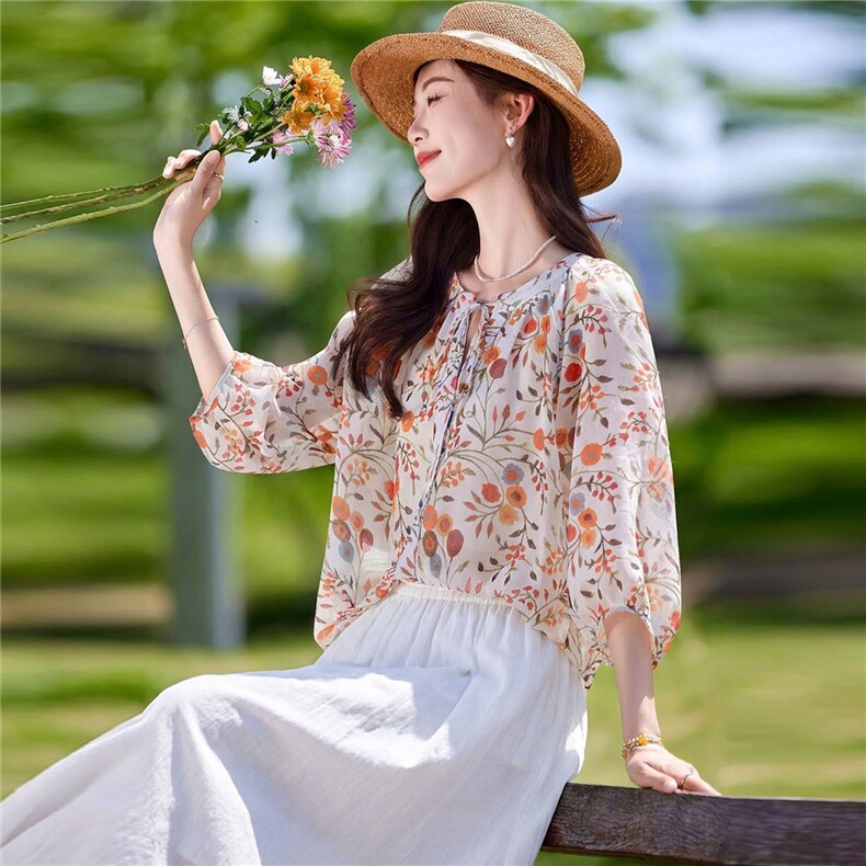 2026年夏季绣花休闲宽松印花上衣半身裙两件套套头轻薄（赠送腰带,女装套装/套裙,靓衣阁
