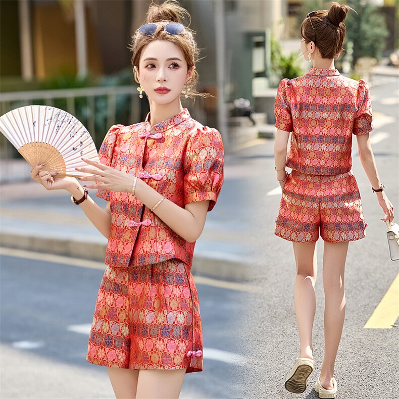 新中式国风提花套装女2025夏季新款提花盘扣小个子别致短裤两件套,女装套装/套裙,众宇琦