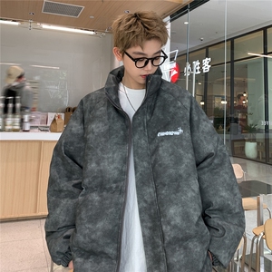 港风立领PU皮复古做旧印花字母图案设计棉衣男MY77719P130控178图片