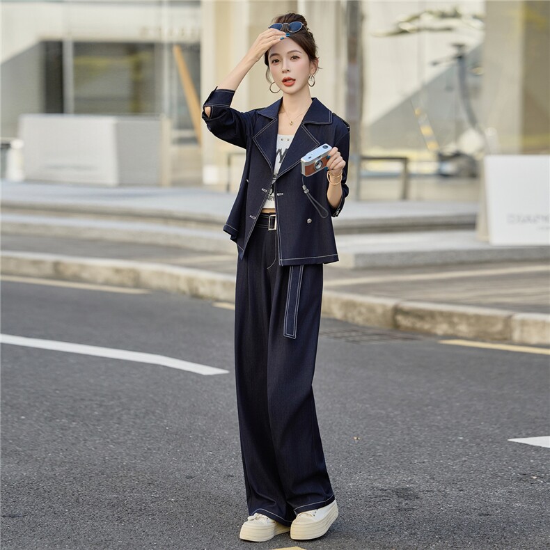 （新款现货）2026春装时尚双排扣肩章天丝牛仔阔腿裤套装(配腰带,女装套装/套裙,印象茜