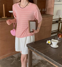 夏季新款简约条纹短袖针织衫女宽松休闲百搭上衣，女装针织衫/毛衣，伟祺羊绒
