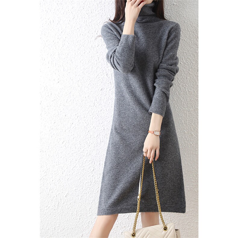 秋冬季羊毛休闲时尚通勤内搭百搭七针长款堆领连衣裙，女装连衣裙，越洋羊