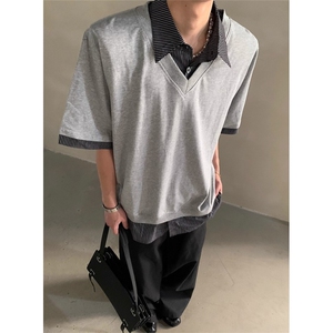 夏季小众高级感假两件设计短袖T恤男翻领痞帅POLO衫潮 T0015图片