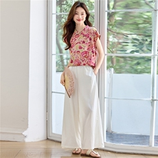 新中式套装女2026夏季新款时尚复古印花盘扣上衣阔腿裤两件套，女装套装/套裙，简韵佳