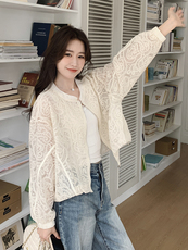 米白色重工艺辣妹微透蕾丝刺绣印花夹克上衣女春新款小个子短外套，女装短外套，米莱