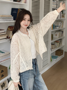 米白色重工艺辣妹微透蕾丝刺绣印花夹克上衣女春新款小个子短外套图片