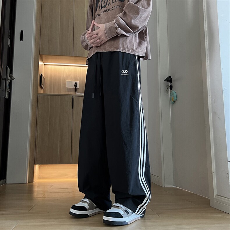 冰丝裤子男夏季薄款潮牌宽松三条杠直筒阔腿裤潮流休闲凉感运动裤,男装休闲裤,星座308B-1