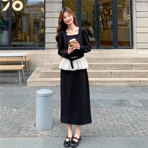 赫本风黑色连衣裙女春秋2025新款超火好看高级小众拼接掐腰长裙子图片