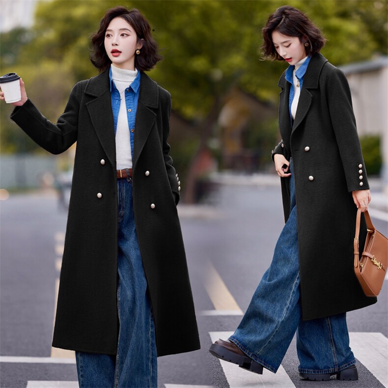 双面羊毛大衣女2025年秋冬新款气质百搭中长款显瘦羊毛外套,女装双面呢大衣,小荷流
