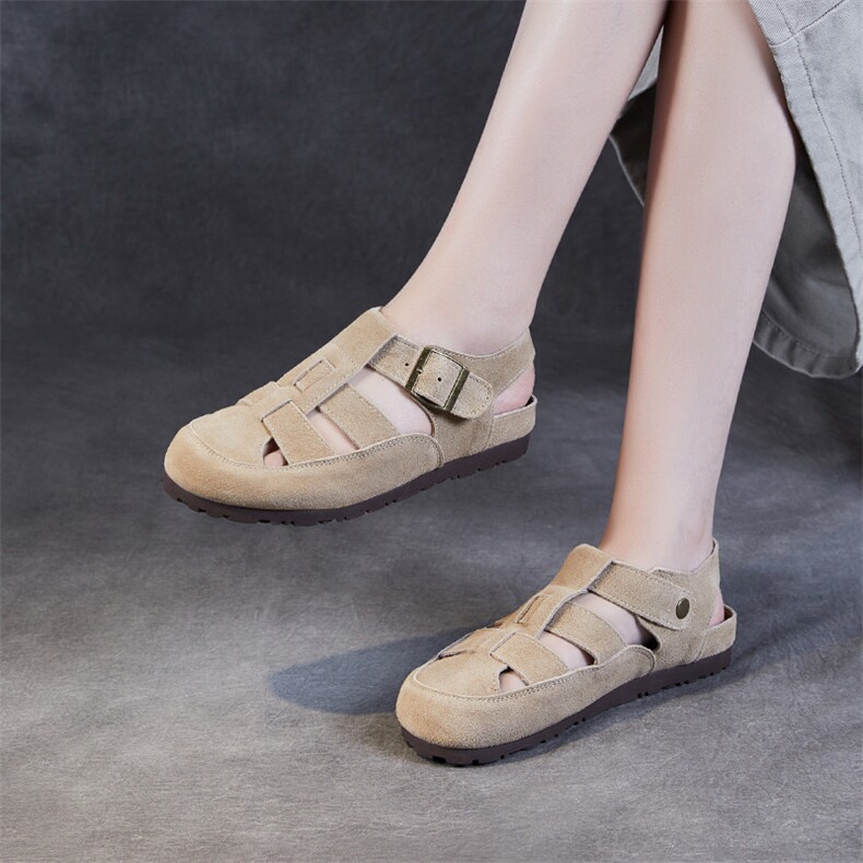 罗马包头真皮凉鞋女2024新款夏季仙女风复古百搭厚底磨砂皮沙滩鞋,女鞋凉鞋,电商A223