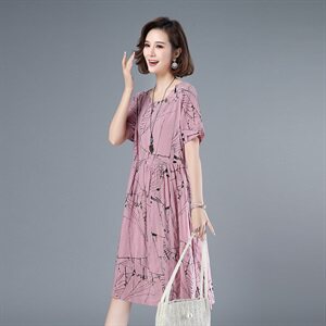 2021年夏季通勤中长款A字裙立体装饰短袖韩版40-49周岁裙子