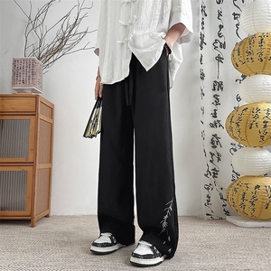 男春秋潮牌痞帅宽松高级垂感阔腿微喇叭休闲长裤子,深灰色连帽羊毛大衣怎样搭配图片