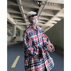 日系宽松复古拼接格子衬衫男女翻领长袖休闲外穿垂感衬衣，男装衬衫，星座716-4