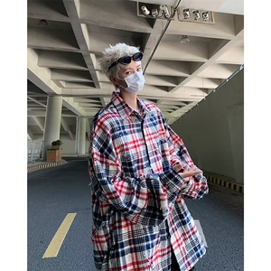 日系宽松复古拼接格子衬衫男女翻领长袖休闲外穿垂感衬衣图片