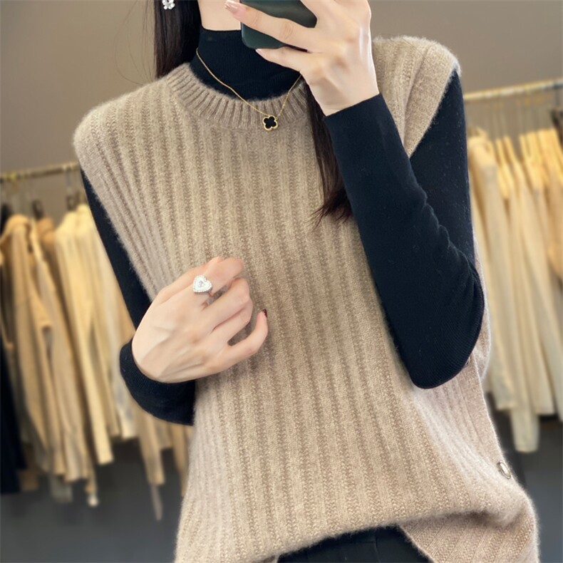 秋冬新款100%羊毛马甲女系扣开叉无袖背心针织毛衣宽松羊绒衫坎肩,女装羊毛衫,迅太羊绒